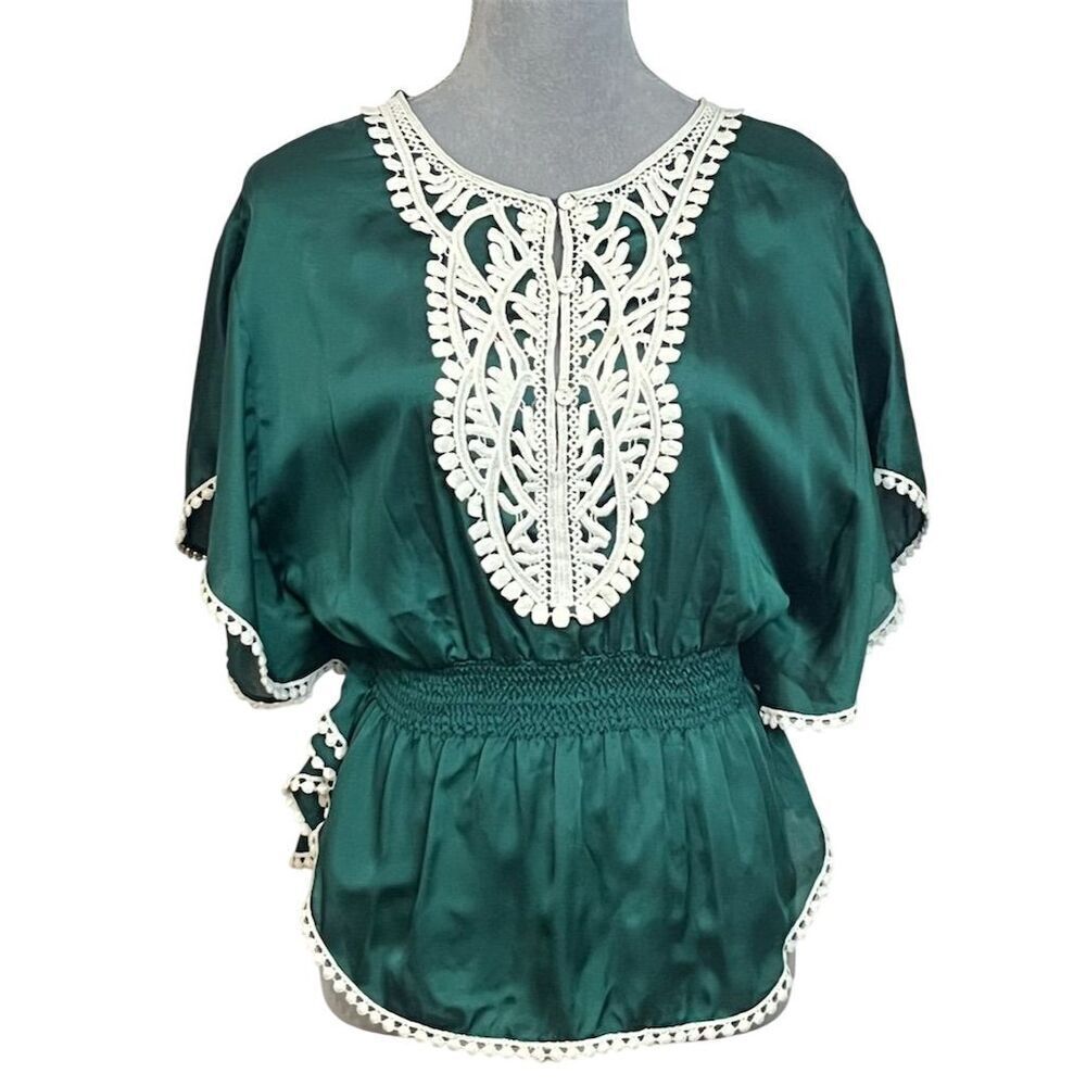 Women's Chic Green Satin Embroidered Lace Blouse Top S Fall Spring Summer